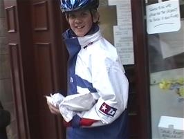 Gavin emerges from the bakery in Lowther Street, Carlisle with his lunch